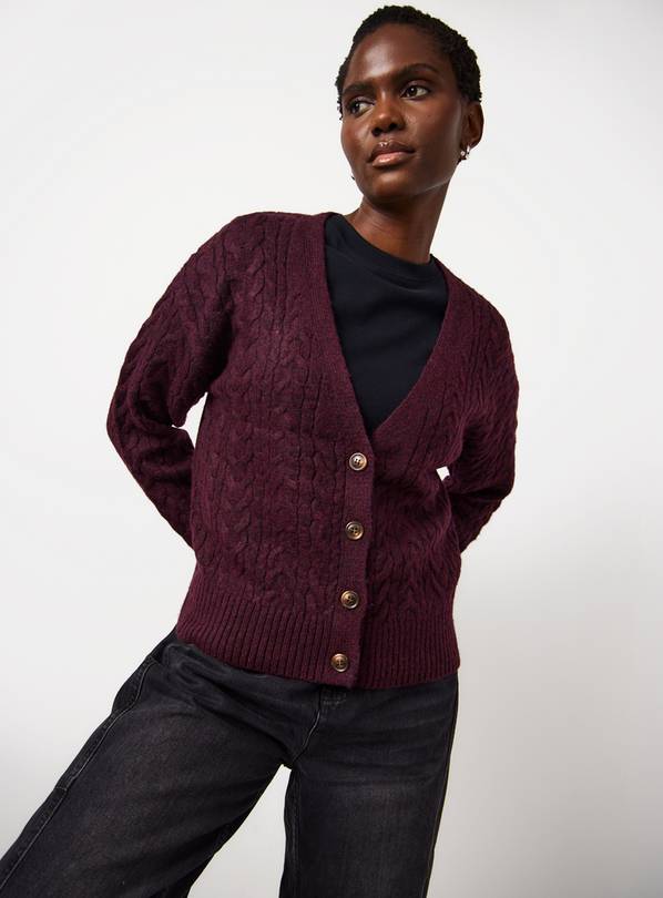 Dark Red V Neck Cable Knitted Cardigan XL